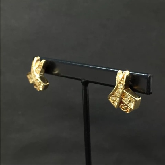 DIOR Logo CD Pierced Earrings Rhinestone Accent Gold - Picture 5 of 10